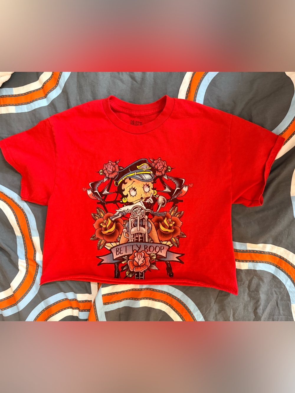 Betty Boop Red Tattoo Rockabilly Graphic Cropped T-Shirt Medium